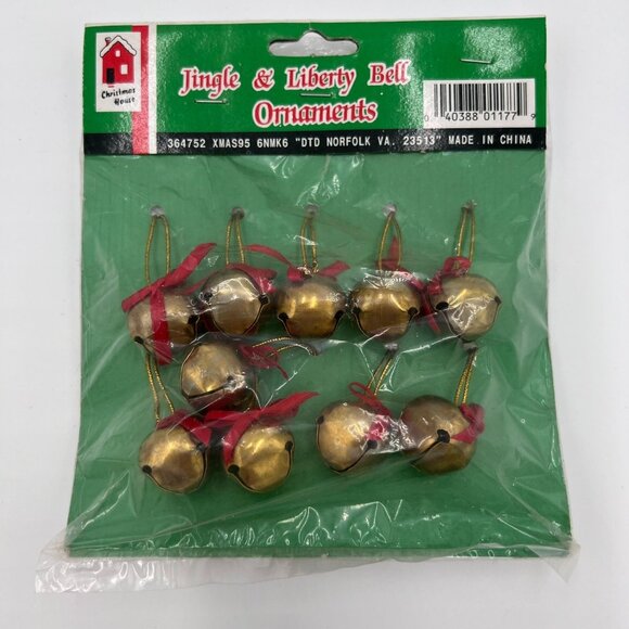Vintage Jingle & Liberty Bell Ornaments - 8 Pack Of Tiny Brass Bells With Red Bo - Picture 1 of 3